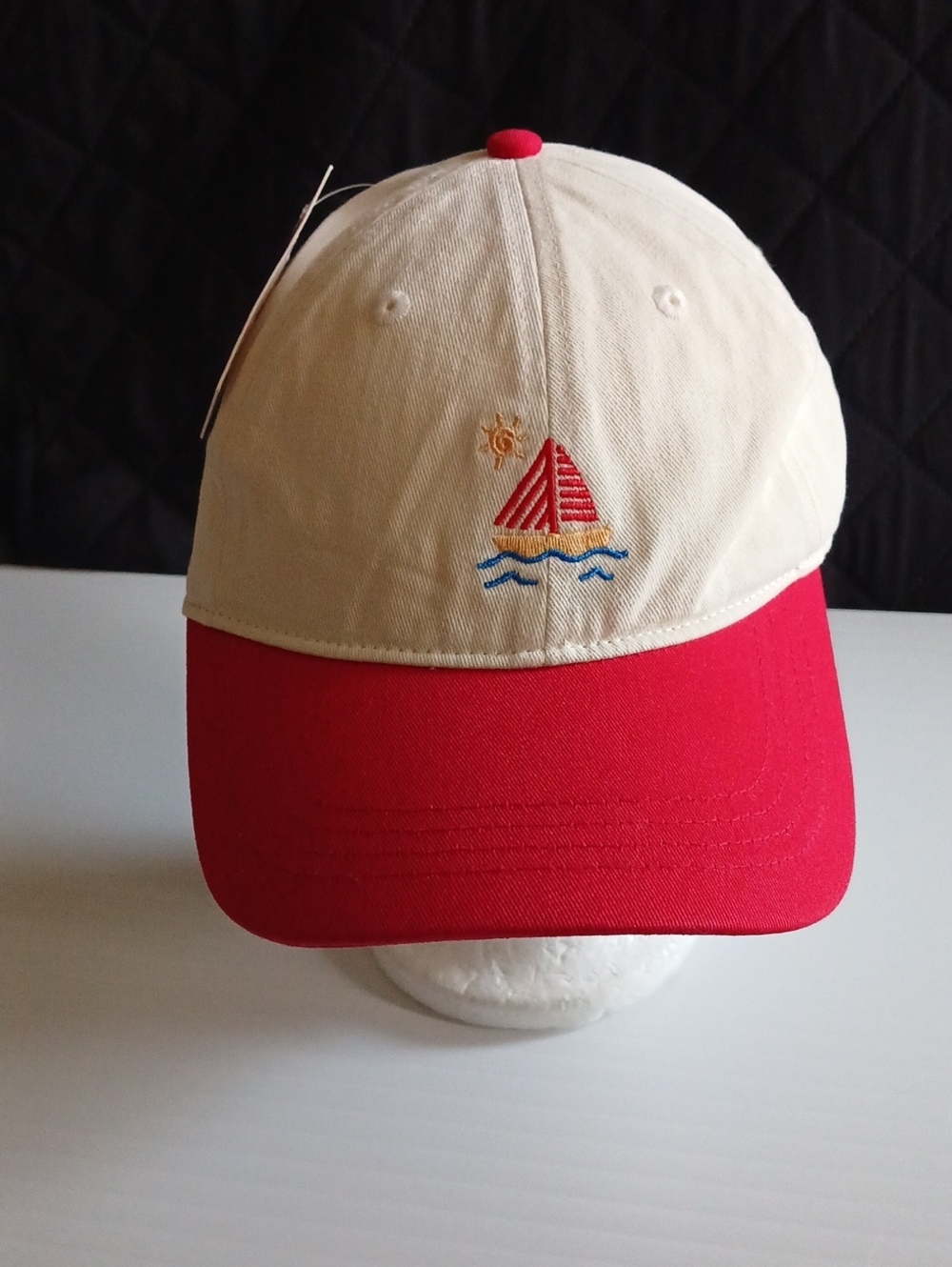 Cream and Red Embroidered Sailboat Baseball Cap